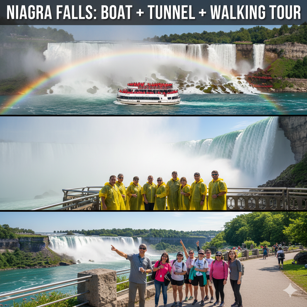 Niagara Falls boat cruise approaching the cascading Horseshoe Falls with mist rising, Journey Behind the Falls platforms visible, and visitors experiencing the power of the waterfalls in bright daylight