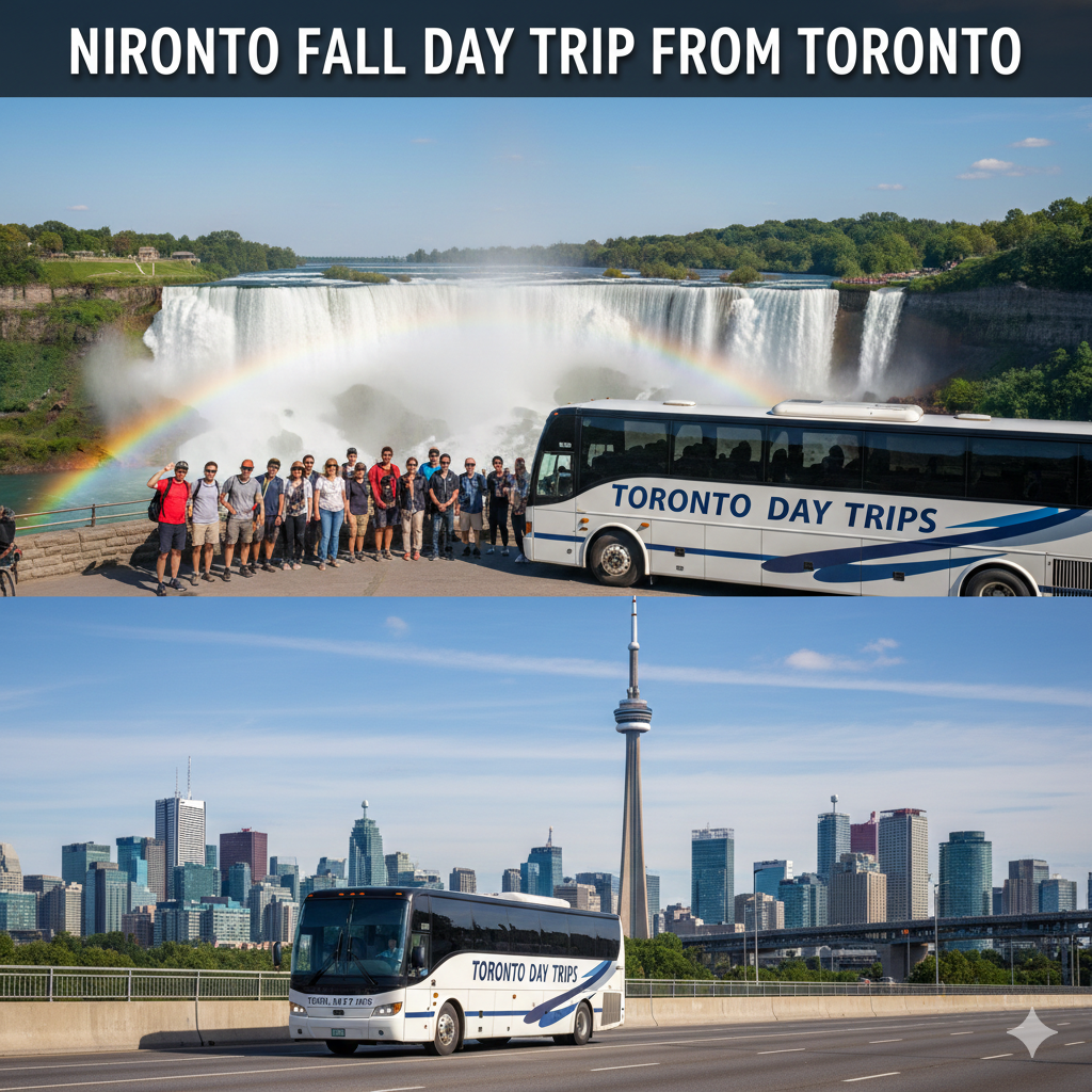 Niagara Falls day trip from Toronto showing Horseshoe Falls with mist rising, scenic viewpoints, blue skies, and panoramic Canadian landscape