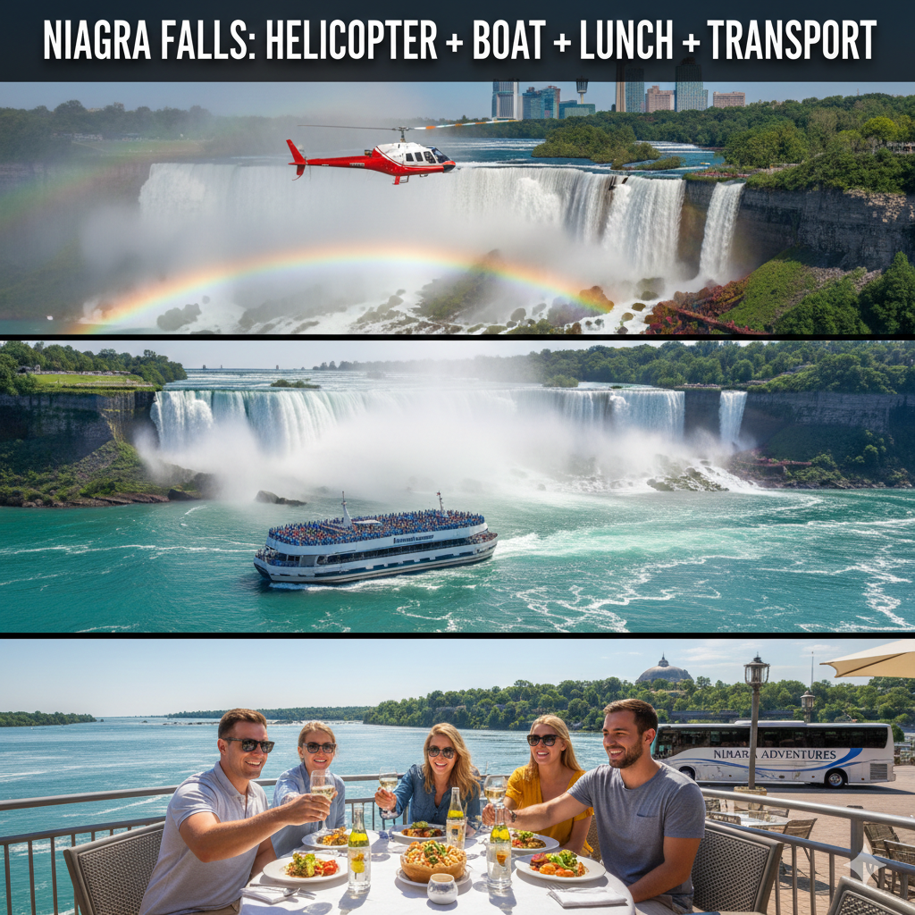 Aerial view of Niagara Falls with helicopter flying above the waterfalls, boat cruise below, and scenic surroundings under bright daylight in Canada