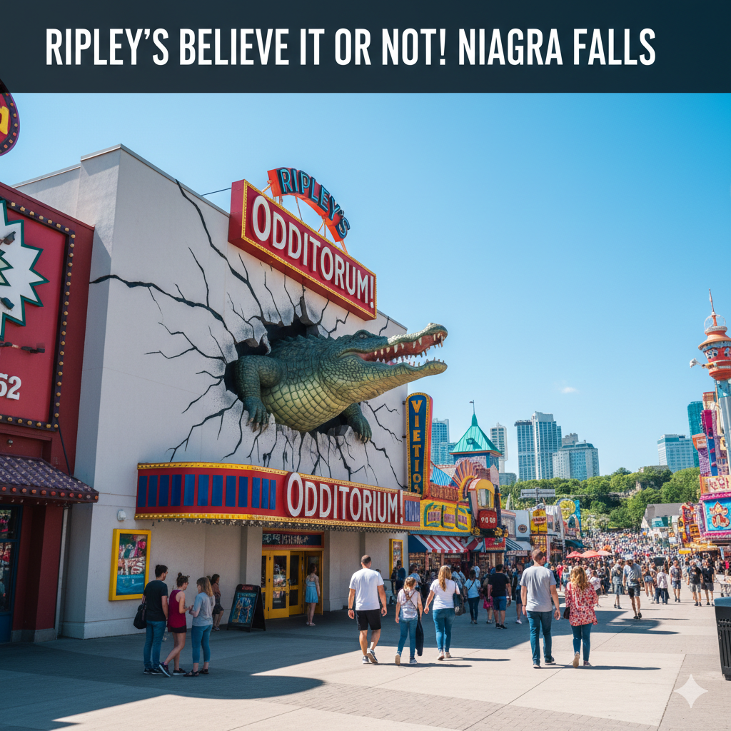 Ripley’s Believe It or Not Niagara Falls museum exterior on Clifton Hill featuring iconic signage and visitors entering the attraction