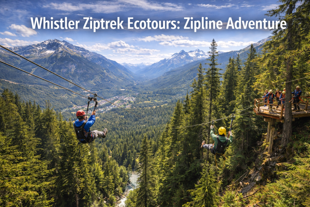 Whistler Ziptrek Ecotours zipline adventure above rainforest canopy with Whistler and Blackcomb Mountains in British Columbia
