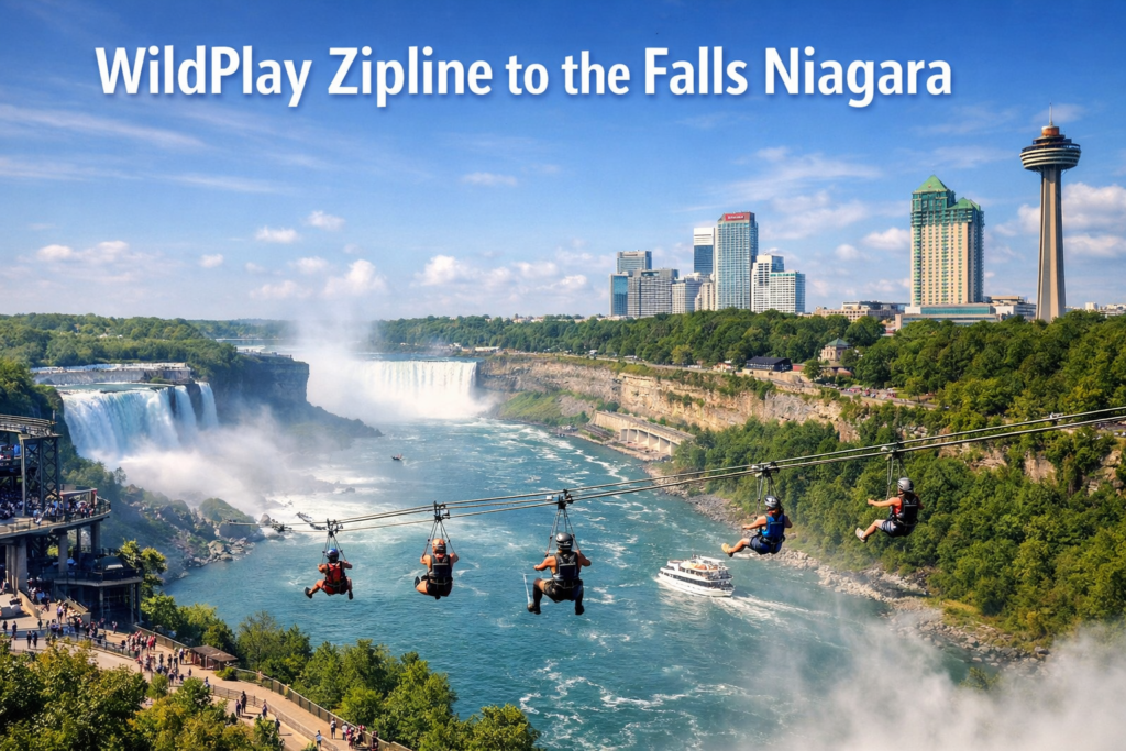 WildPlay Niagara Falls Zipline experience with riders soaring above the Niagara Gorge toward the American Falls under bright daylight