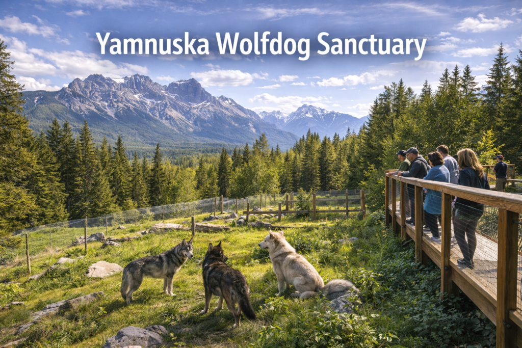 Yamnuska Wolfdog Sanctuary in Alberta with wolfdogs in mountain enclosure and visitors on elevated viewing platform