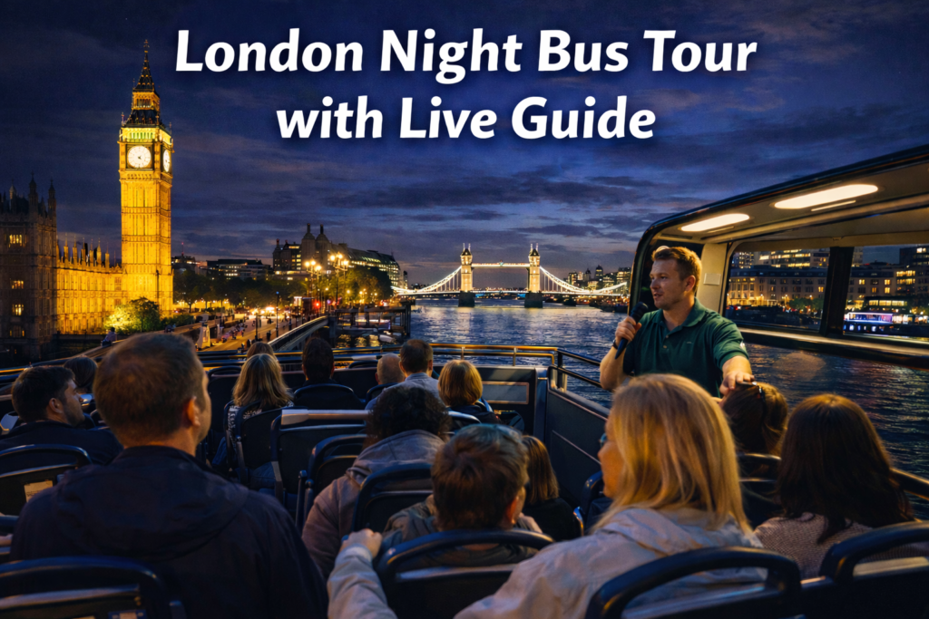 London Night Bus Tour with Live Guide passing Big Ben and Tower Bridge illuminated at night, panoramic cityscape view from open-top double decker bus