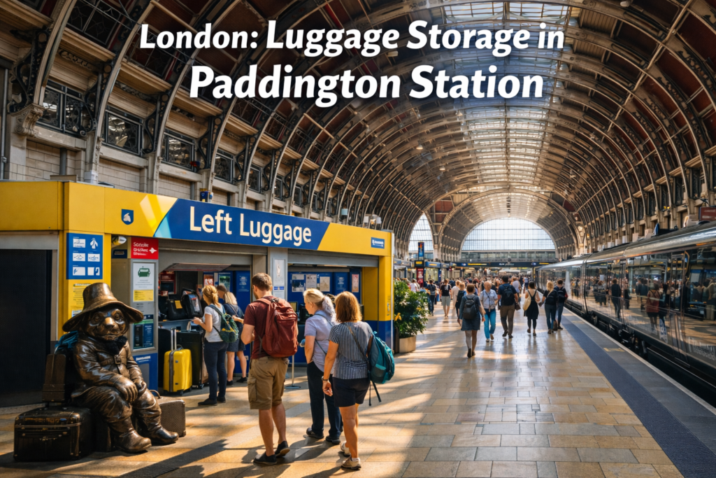 London Paddington Station luggage storage facility with Left Luggage counter, Paddington Bear statue, and historic glass roof under bright daylight.