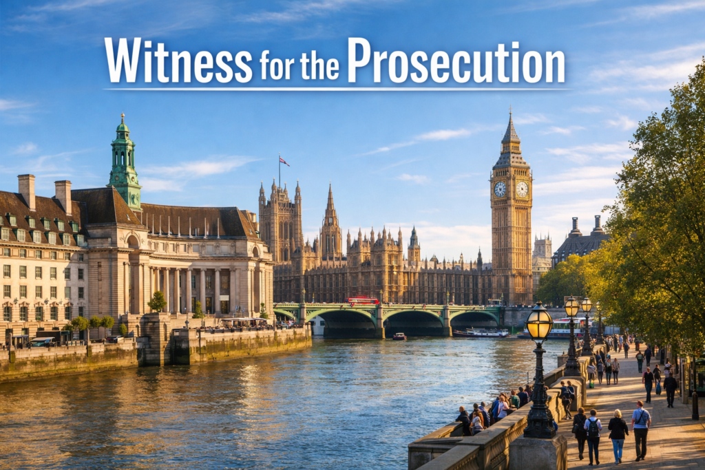 Witness for the Prosecution immersive courtroom theatre at London County Hall with Big Ben and the River Thames in daylight
